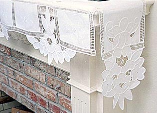 Fireplace Mantel Scarf. Imperial Embroidery. 120" by 25" White