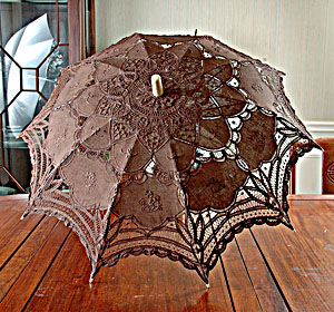 Chocolate battenburg lace parasol. 16" ( 32" Full Open)